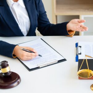 Lawyer explaining legal paperwork to a client