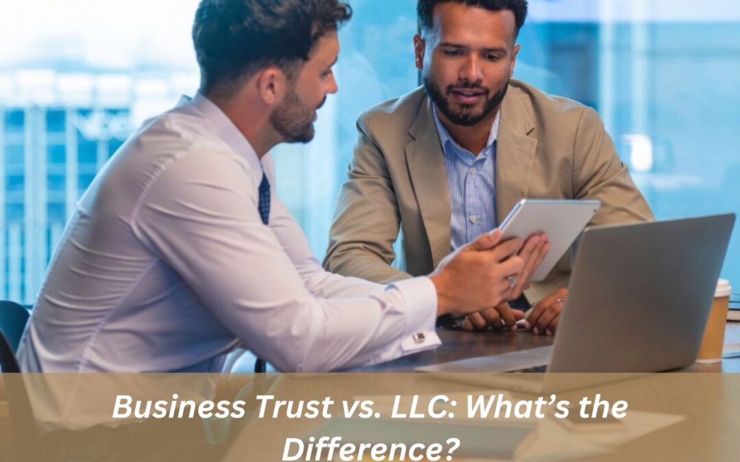 Two business professionals discussing business trust vs. LLC structure on a tablet.